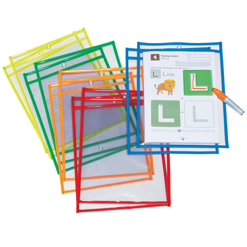 Pacon Dry-Erase Pockets, 10in x 13-1/2in, Assorted/Clear, Pack Of 10 Pockets MPN:PACAC9869