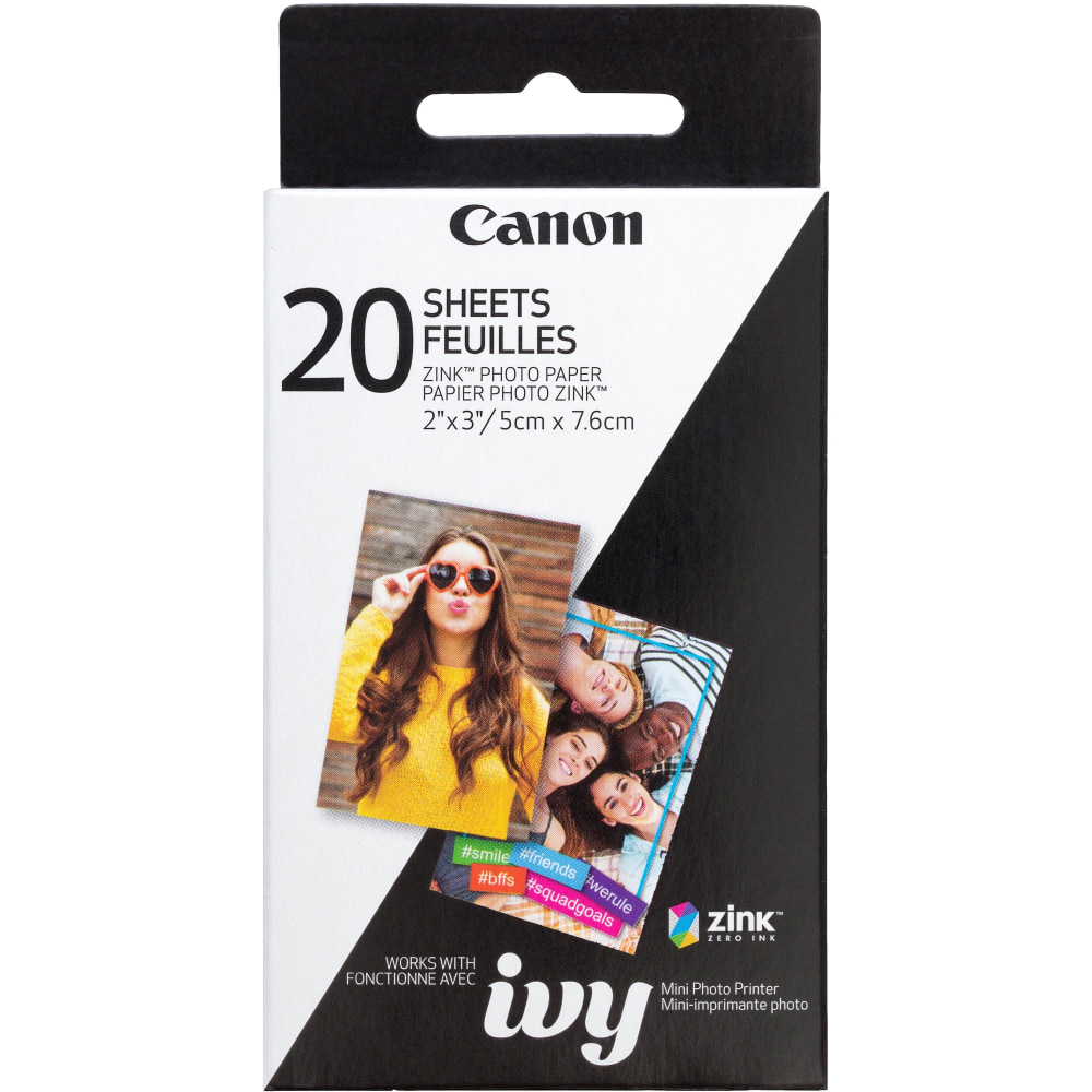 Canon ZINK Photo Paper - 2in x 3in - Glossy - 1 Each - 20 Sheets - Smudge-free, Water Resistant, Tear Resistant - White (Min Order Qty 5) MPN:ZINCPAPER20