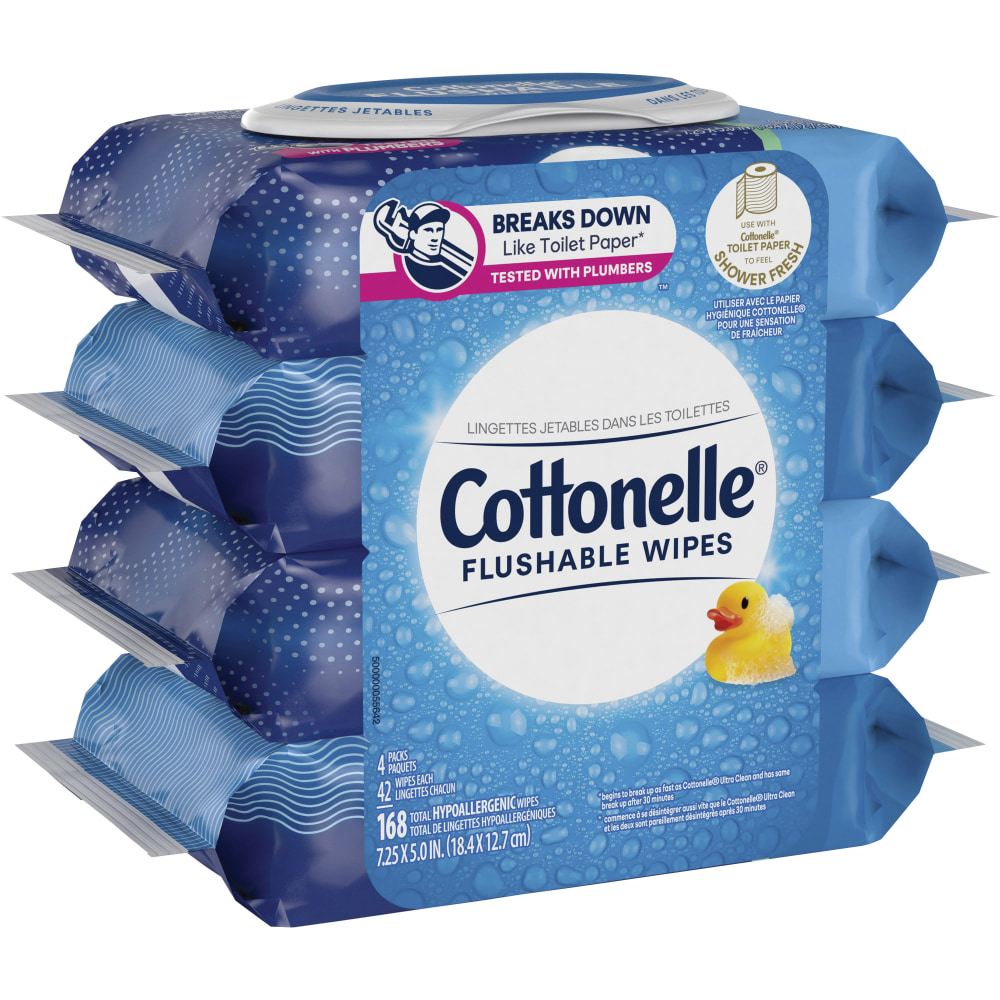 Cottonelle Flushable Wipes, 7-1/4in x 7-1/4, White, 168 Sheets Per Carton, Set Of 4 Cartons (Min Order Qty 6) MPN:KCC54495