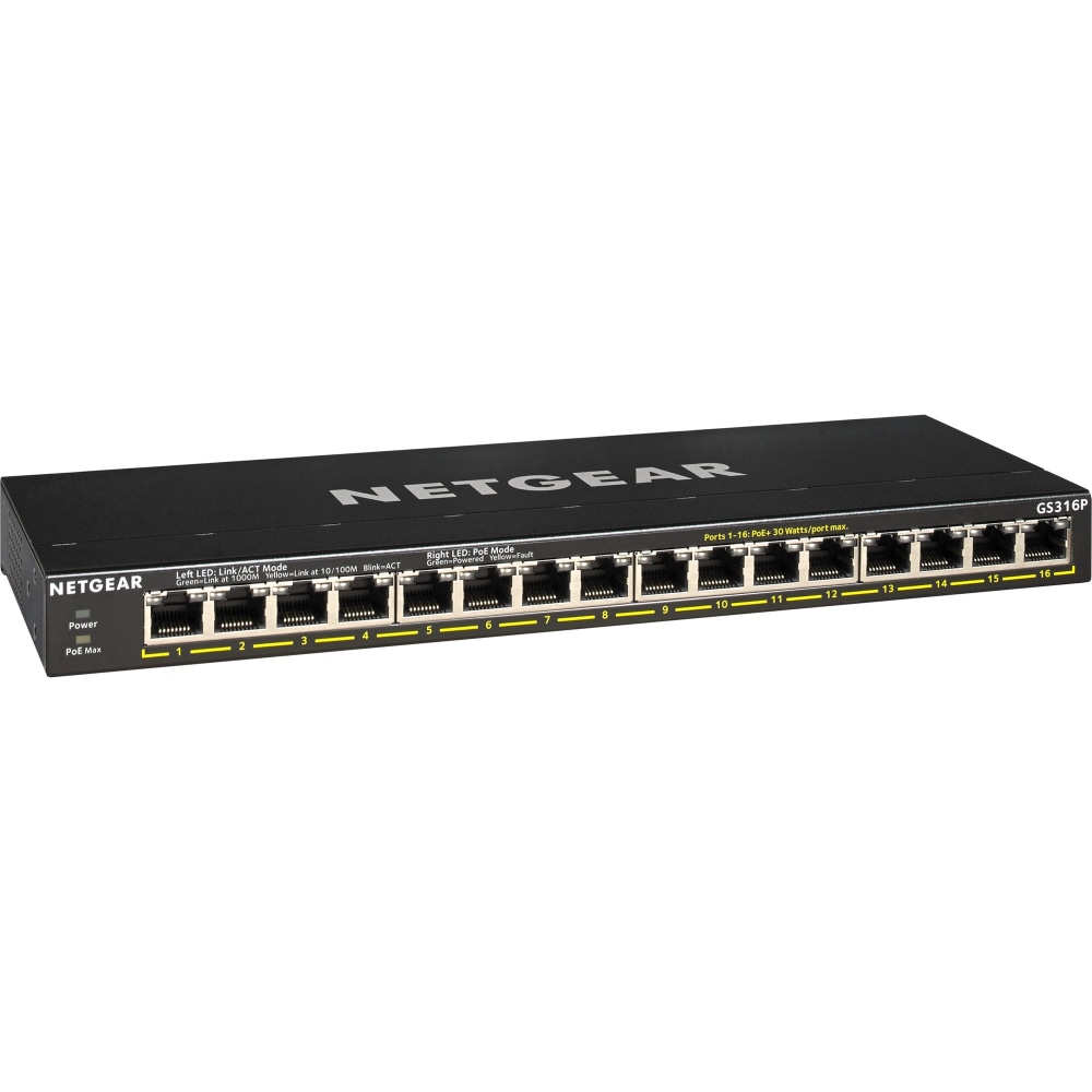 Netgear GS316P Ethernet Switch - 16 Ports - 2 Layer Supported - Twisted Pair - Desktop, Wall Mountable, Rac - GS316P100NAS MPN:GS316P-100NAS