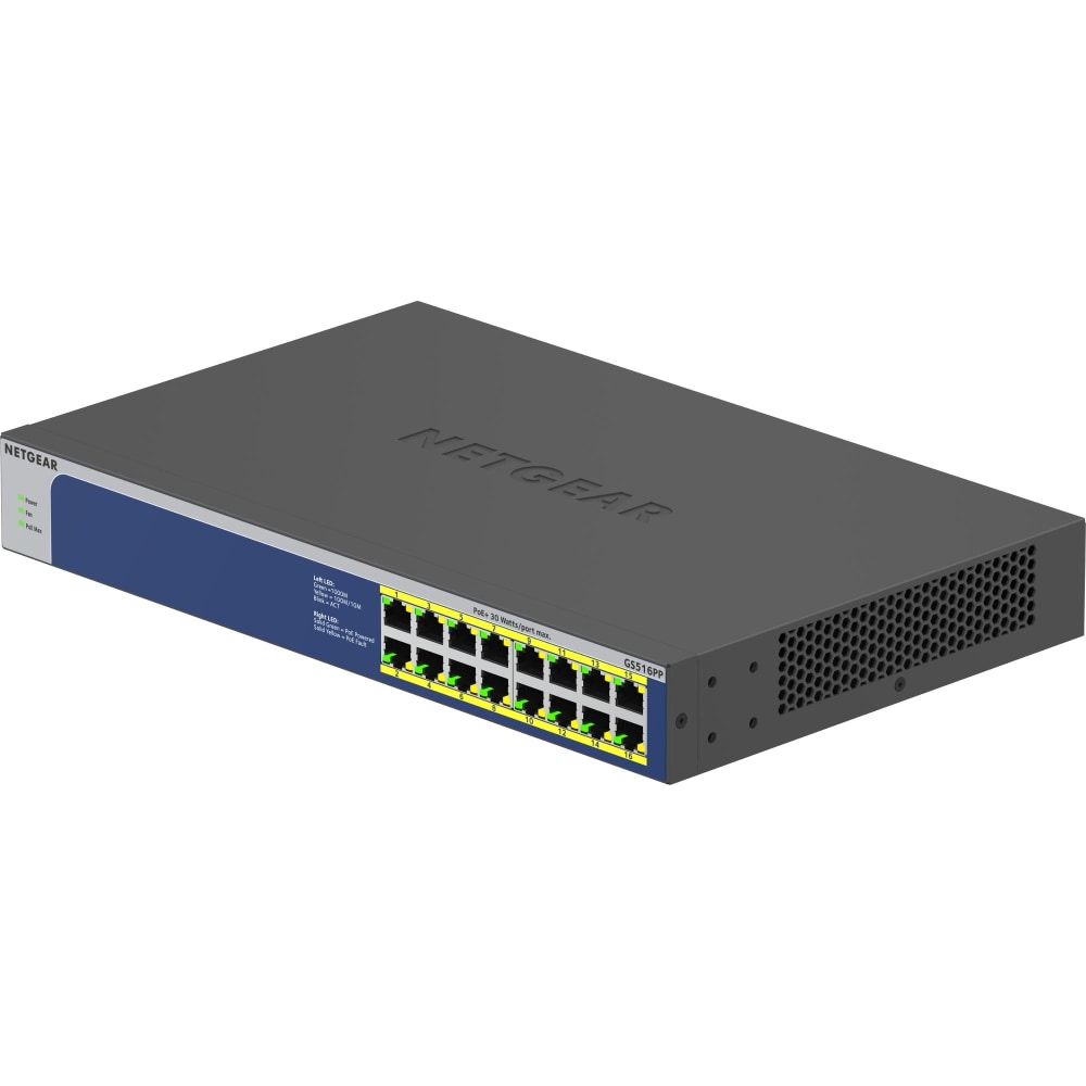 Netgear GS516PP Ethernet Switch - 16 Ports - 2 Layer Supported - 316.10 W Power Consumption - 260 W PoE Budget - GS516PP100NAS MPN:GS516PP-100NAS