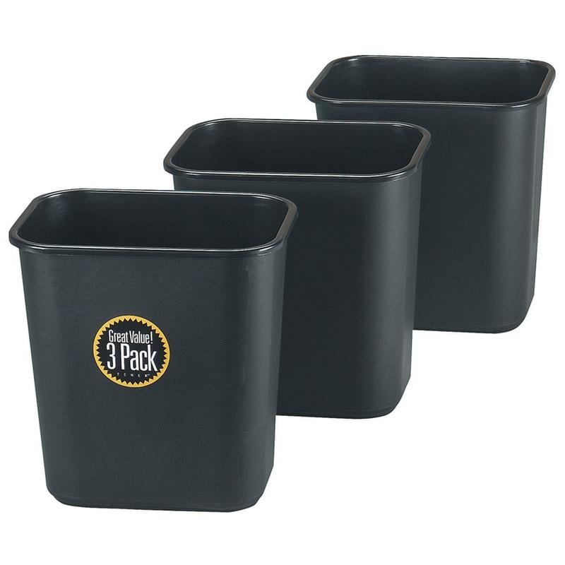 Rubbermaid Rectangular Plastic Trash Can, 7 Gallons, 15inH x 14-1/2inW x 10-1/2inD, Black, Pack Of 3 Cans MPN:16328