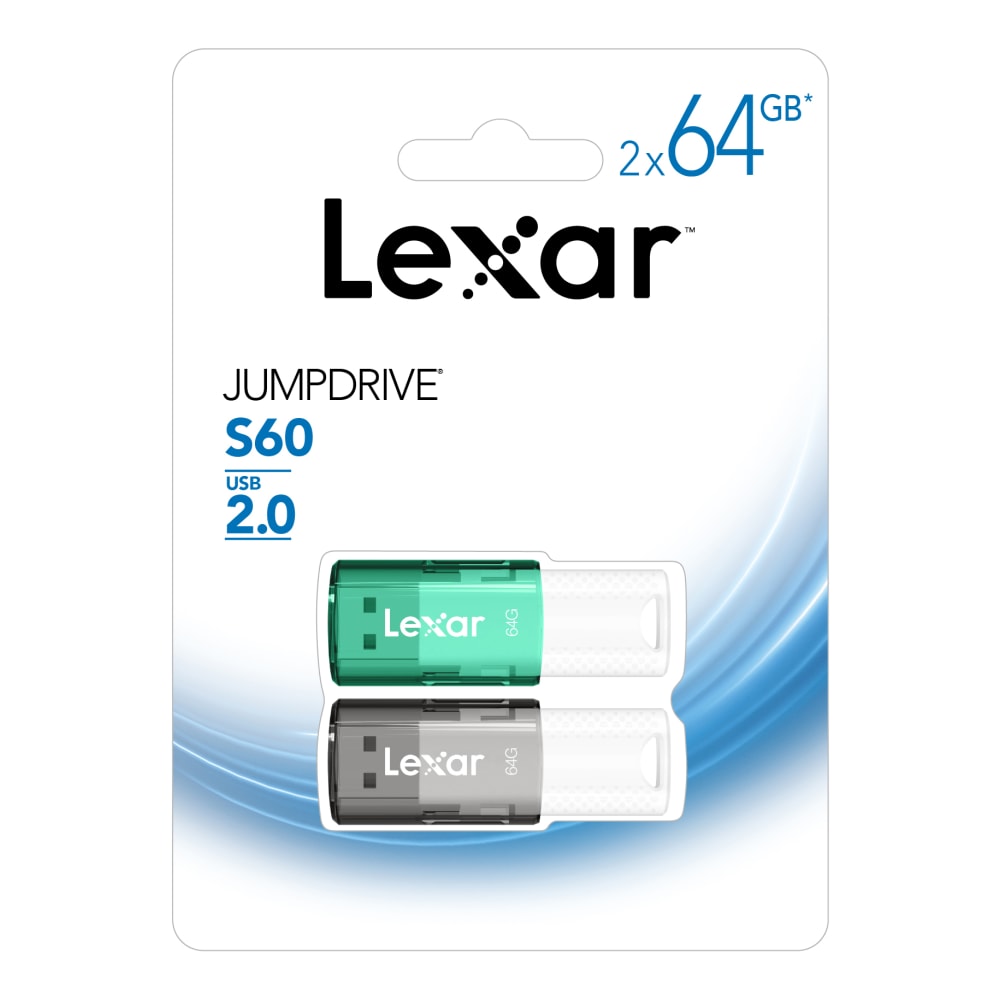 Lexar JumpDrive S60 USB 2.0 Flash Drives, 64GB, Black/Teal, Pack Of 2 Flash Drives, LJDS60-64GB2NNU (Min Order Qty 5) MPN:LJDS60-64GBNNU2