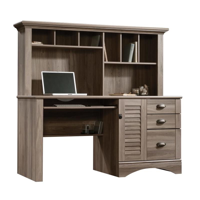 Sauder Harbor View 63inW Computer Desk With Hutch, Salt Oak MPN:415109