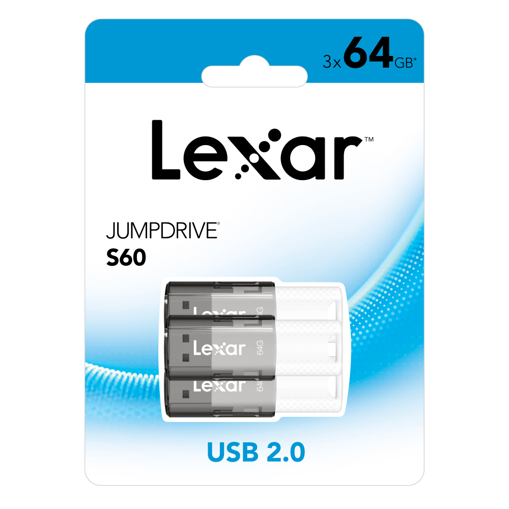 Lexar JumpDrive S60 USB 2.0 Flash Drives, 64GB, Black Pack Of 3 Flash Drives (Min Order Qty 2) MPN:LJDS60-64GBNNU3
