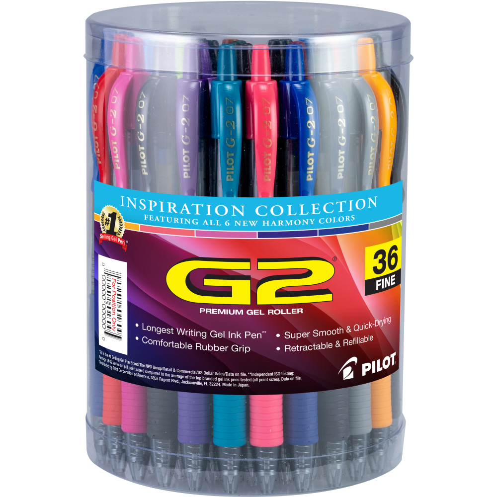 Pilot G2 Inspiration Gel Pens, Fine Point, 0.7 mm, Clear Barrels, Assorted Ink, Tub Of 36 Pens MPN:18796