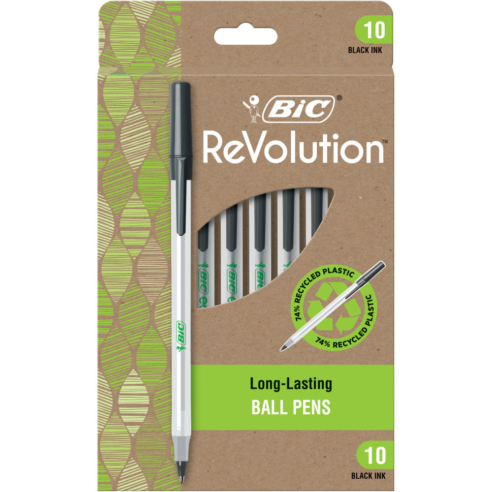 BIC ReVolution Round Stic Pens, Medium Point, 1.0 mm, 74% Recycled, Semi-Clear Barrel, Black Ink, Pack Of 10 Pens MPN:GSME10-BLK