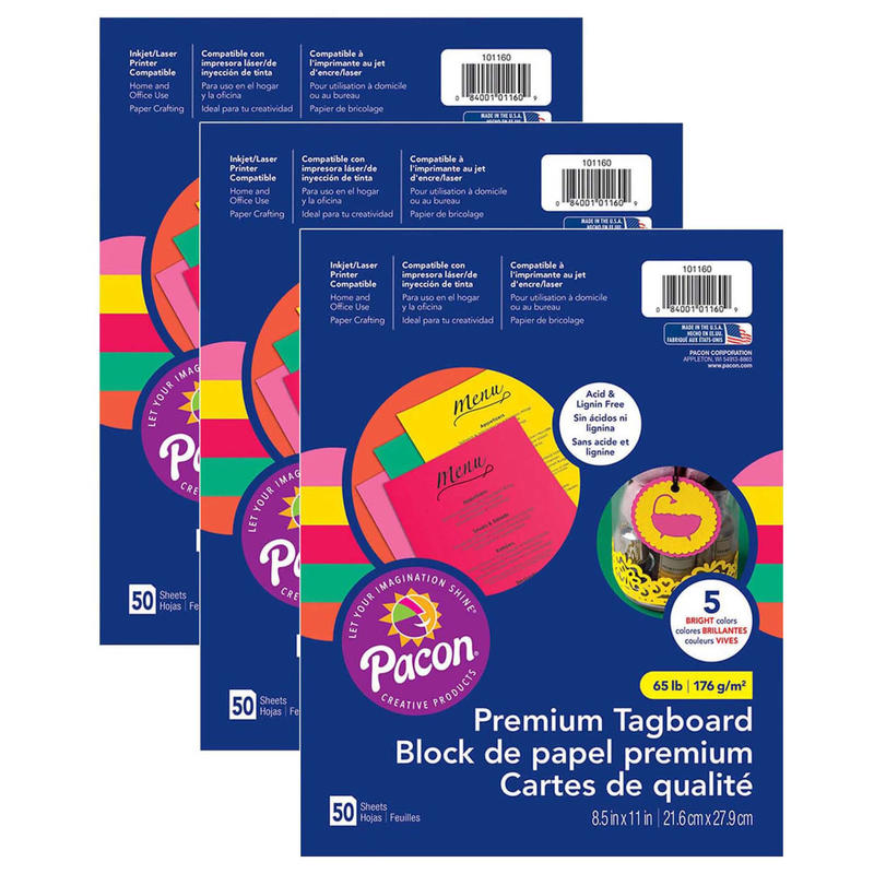 Pacon Premium Tagboard, 8-1/2in x 11in, Assorted Colors, 50 Sheets Per Pack, Set Of 3 Packs MPN:PAC101160-3