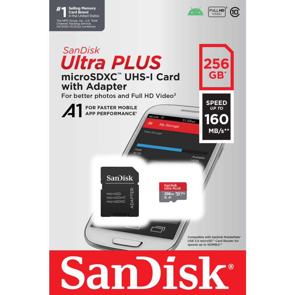 SanDisk Ultra PLUS microSD Memory Card, 256GB (Min Order Qty 2) MPN:SDSQUBL-256G-AN6MA