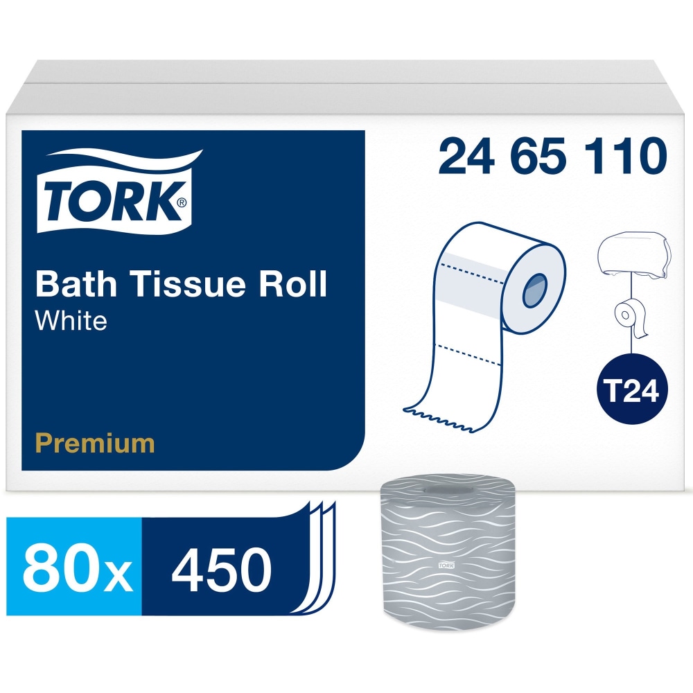 Tork Premium Bath Tissue Roll, 2-Ply - 2 Ply3.75in - 450 Sheets/Roll - 4.35in Roll Diameter - White - Extra Soft, Embossed, Individually Wrapped, Absorbent - For Plumbing, Bathroom - 450 Rolls Per Container - 80 / Carton MPN:2465110