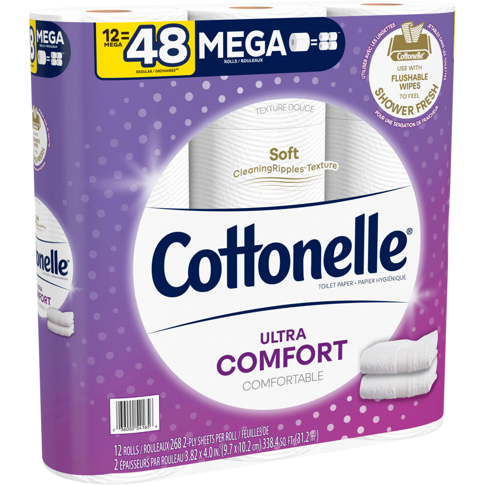 Cottonelle UltraComfort 2-Ply Bath Tissue, 3in x 3-7/8in, White, 268 Sheets Per Roll, 12 Rolls Per Pack, Carton Of 4 Packs MPN:KCC54165CT