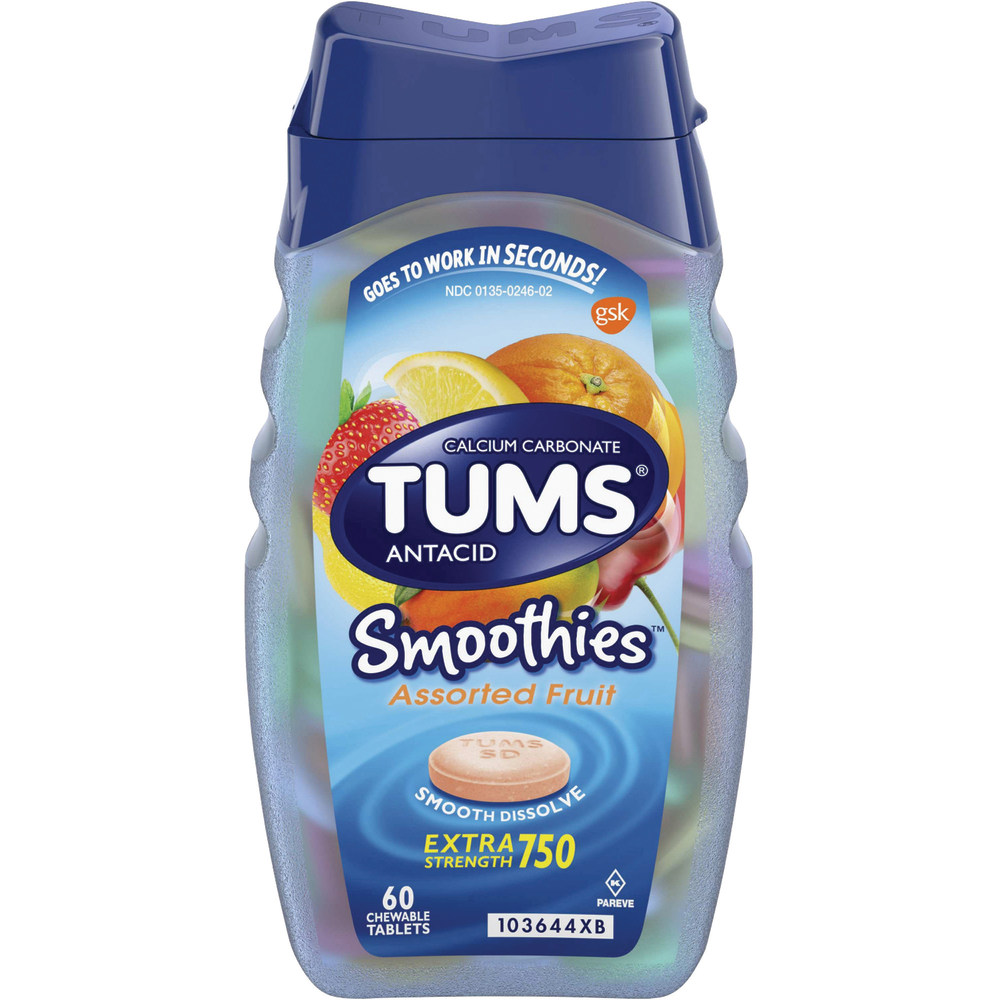 TUMS Smoothies Extra-Strength Antacid Chewable Tablets, Assorted Fruits, 60 Tablets Per Bottle MPN:GKC39287