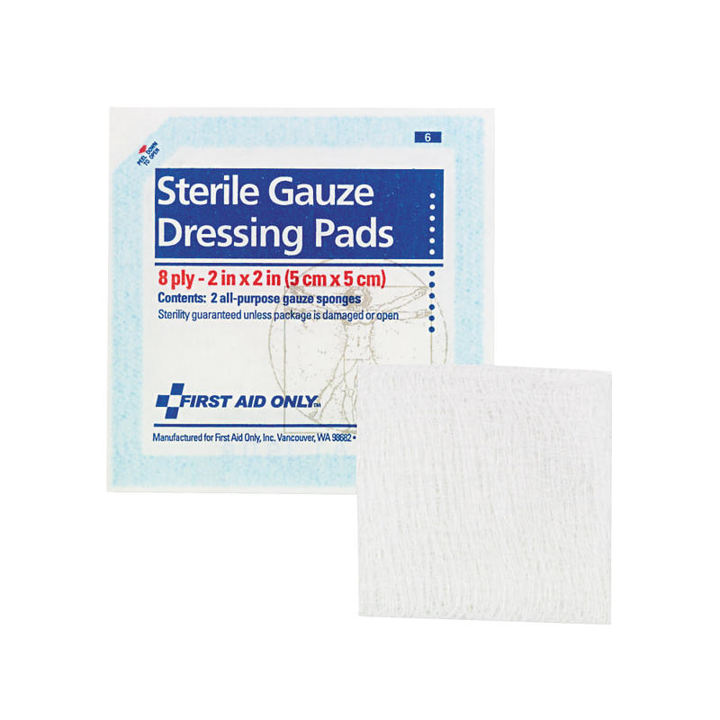 First Aid Only Sterile Gauze Dressing Pads - 8 Ply - 2in Width x 2in Length - White - 10 / Pack MPN:FAE5000