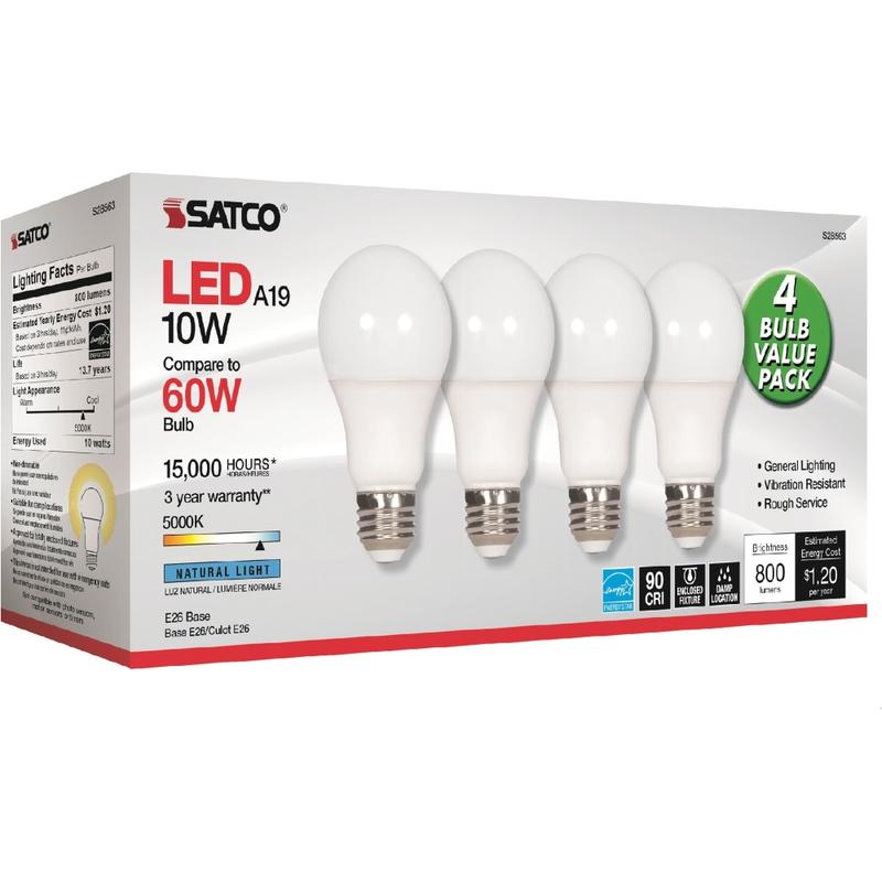 Satco 10W A19 LED 5000K Light Bulbs - 10 W - 60 W Incandescent Equivalent Wattage - 120 V AC - 800 lm - A19 Size - Frosted White - Natural Light Light Color - E26 Base - 15000 Hour - 8540.3 deg.F (4726.8 deg.C) Color Temperature (Min Order Qty 5) MPN:S285