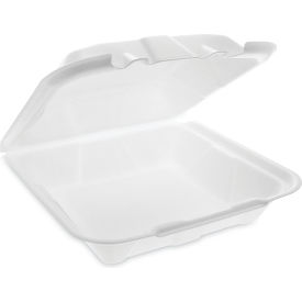 Pactiv Evergreen Vented Foam Hinged Lid Container Dual Tab Lock Economy 9.13x9x3.25 White 150/CT YTD19901ECON