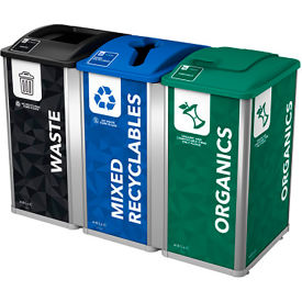 Busch Systems Mosaic Triple Recycling Station For Mixed Recyclables 96 Gal. Cap. Black/Blue/Green 209845