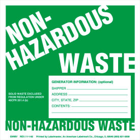 Non-Hazardous Waste Label Generator Info Stock PVC free Vinyl 100 GWMV