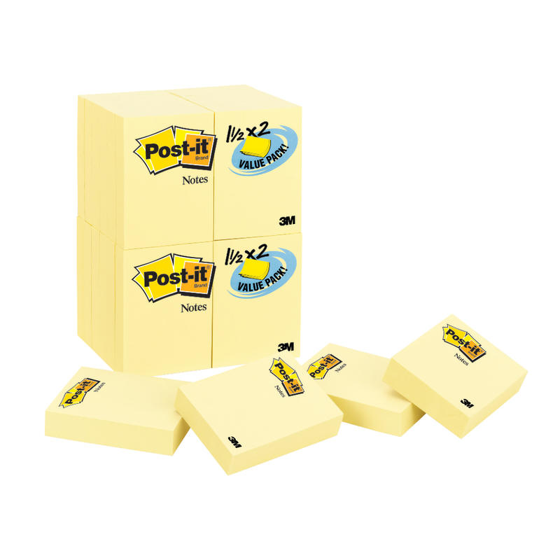 Post-it Notes, 1-1/2in x 2in, Canary Yellow, 90 Sheets, Pack Of 24 Pads MPN:653-24VAD-B