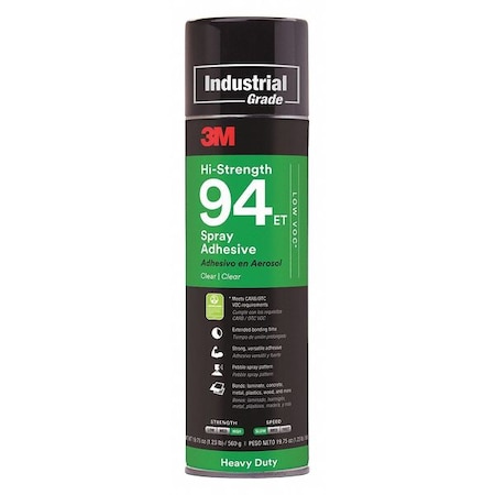 Spray Adhesive, Hi-Strength 94ET Series, Clear, 19 oz, Aerosol Can MPN:94ET