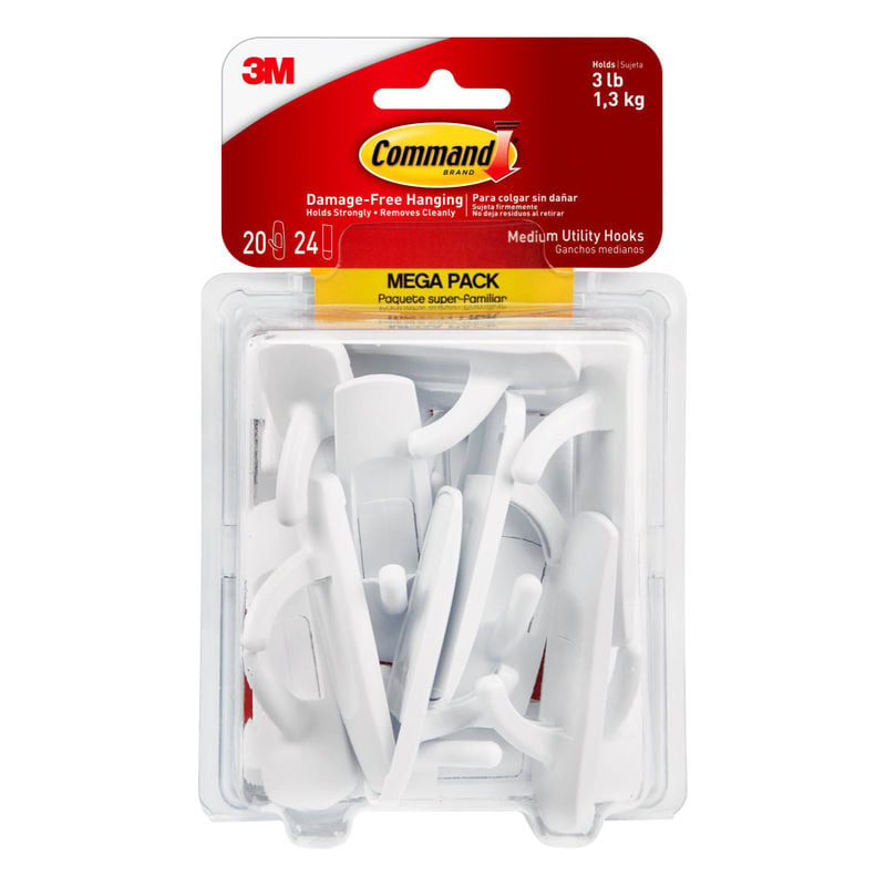 Command Medium Utility Hooks, 20 Hooks, 24 White Adhesive Strips, Damage Free Hanging Picture Hangers, No Tools Wall Hanging Strips For Living Spaces MPN:17001-MPES
