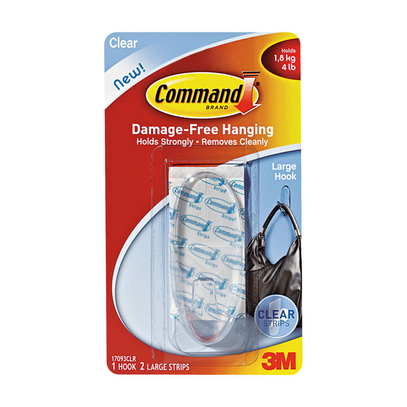 Command Large Hook With Clear Strips, 4 lb (1.81 kg) Capacity, For Decoration, Plastic, Clear, 1 Hook, 2 Strips MPN:17093CLRES