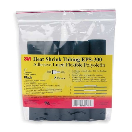 Adhesive Lined Heat Shrink Tube, Thin Wall, 3:1 I.D. Shrink Ratio, 0.5 in I.D. Before Shrinking, Black, 6 in, 10 PK MPN:EPS300-1/2-6