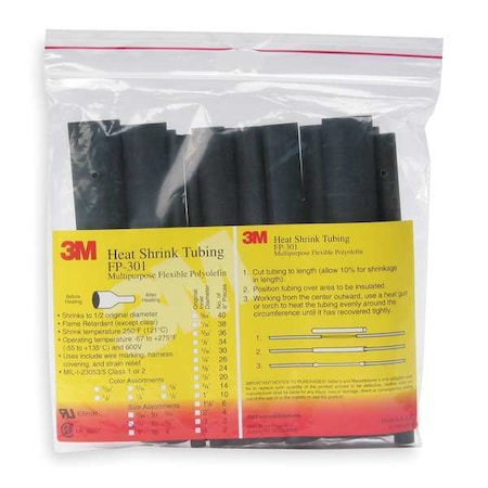 Heat Shrink Tube, Thin Wall, 2:1 I.D. Shrink Ratio, 0.19 in I.D. Before Shrinking, Black, 6 in MPN:FP301-3/16-6