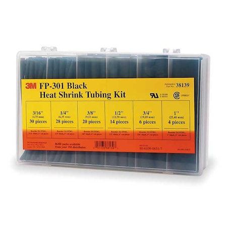 Heat Shrink Tube Kit, Thin Wall, 2:1 I.D. Shrink Ratio, Black, 6 in MPN:FP301-3/16 TO 1-BLACK-5-102 PC KITS