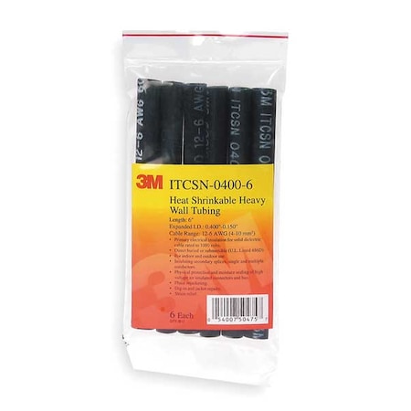 Adhesive Lined Heat Shrink Tube, Heavy Wall, 3:1 I.D. Shrink Ratio, 0.4 in I.D. Before Shrinking, 5 PK MPN:ITCSN-0400-48