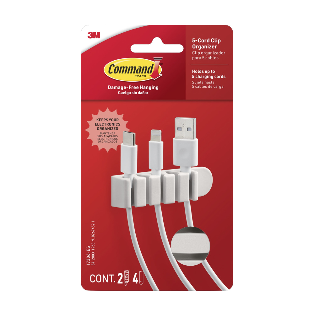 Command 5-Cord Clip Organizer, 2 White Clips, 4 Strips, 1 Clip Holds 5 Charging Cords, Great for Damage-Free Electronics Organization Under Desk MPN:17306-ES