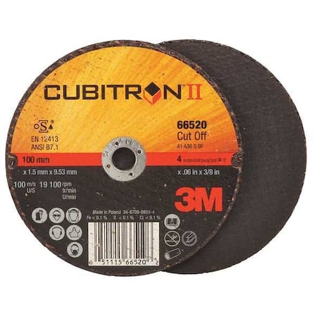 Abrasive Cut-Off Wheel, Type 1, 4 in Dia, 0.06 in Thick, 3/8 in Arbor Hole Size, Ceramic, 36 Grit MPN:66520