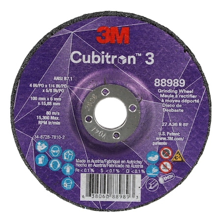 Depressed Center Grinding Wheel, Type 27, 4 in Dia, 0.25 in Thick, 5/8 in Arbor Hole Size, Ceramic MPN:88989