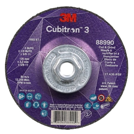 Cut-Off and Grinding Wheel, Type 27, 5 in Dia, 0.125 in Thick, 5/8