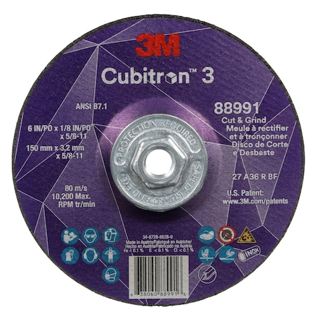 Cut-Off and Grinding Wheel, Type 27, 6 in Dia, 0.125 in Thick, 5/8