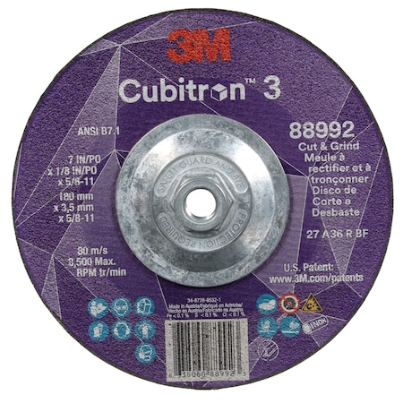 Cut-Off and Grinding Wheel, Type 27, 7 in Dia, 0.125 in Thick, 5/8