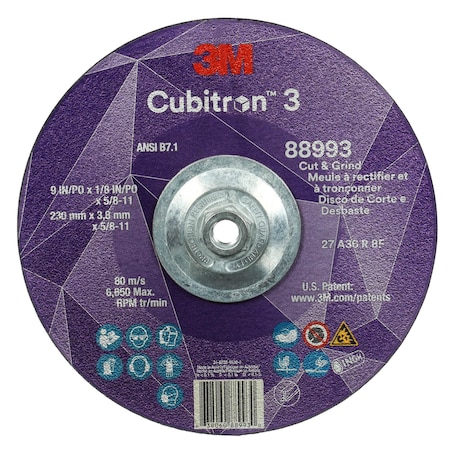 Cut-Off and Grinding Wheel, Type 27, 9 in Dia, 0.125 in Thick, 5/8