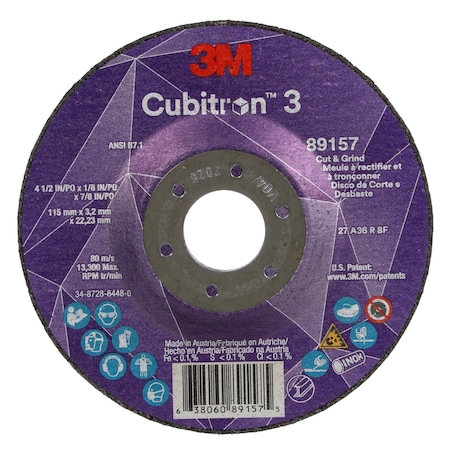Cut-Off and Grinding Wheel, Type 27, 4 1/2 in Dia, 0.125 in Thick, 7/8 in Arbor Hole Size, Ceramic MPN:89157