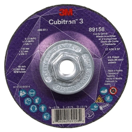 Cut-Off and Grinding Wheel, Type 27, 4 1/2 in Dia, 0.125 in Thick, 5/8