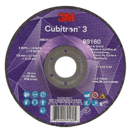 Cut-Off and Grinding Wheel, Type 27, 5 in Dia, 0.125 in Thick, 7/8 in Arbor Hole Size, Ceramic MPN:89160