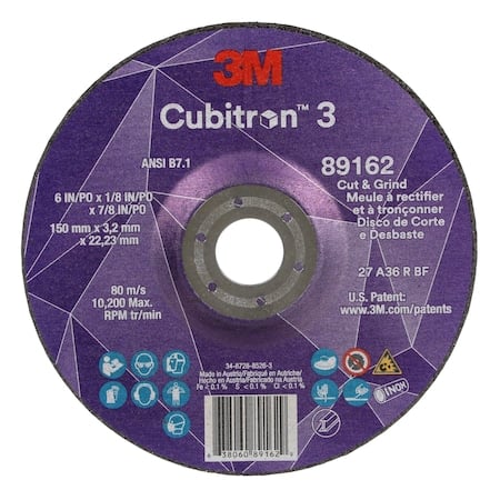 Cut-Off and Grinding Wheel, Type 27, 6 in Dia, 0.125 in Thick, 7/8 in Arbor Hole Size, Ceramic MPN:89162