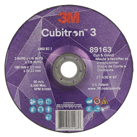 Cut-Off and Grinding Wheel, Type 27, 7 in Dia, 0.125 in Thick, 7/8 in Arbor Hole Size, Ceramic MPN:89163