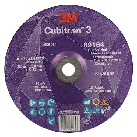Cut-Off and Grinding Wheel, Type 27, 9 in Dia, 0.125 in Thick, 7/8 in Arbor Hole Size, Ceramic MPN:89164