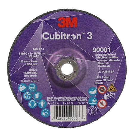 Depressed Center Grinding Wheel, Type 27, 4 in Dia, 0.25 in Thick, 3/8 in Arbor Hole Size, Ceramic MPN:90001