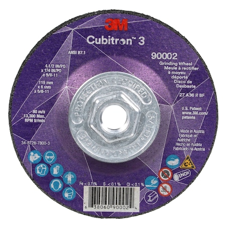Depressed Center Grinding Wheel, Type 27, 4 1/2 in Dia, 0.25 in Thick, 5/8