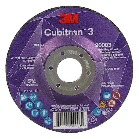 Depressed Center Grinding Wheel, Type 27, 4 1/2 in Dia, 0.25 in Thick, 7/8 in Arbor Hole Size MPN:90003