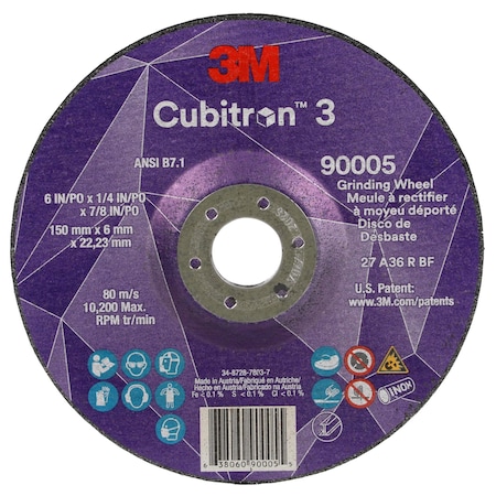 Depressed Center Grinding Wheel, Type 27, 6 in Dia, 0.25 in Thick, 7/8 in Arbor Hole Size, Ceramic MPN:90005