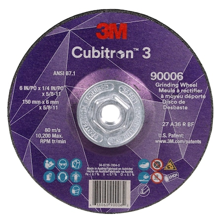 Depressed Center Grinding Wheel, Type 27, 6 in Dia, 0.25 in Thick, 5/8