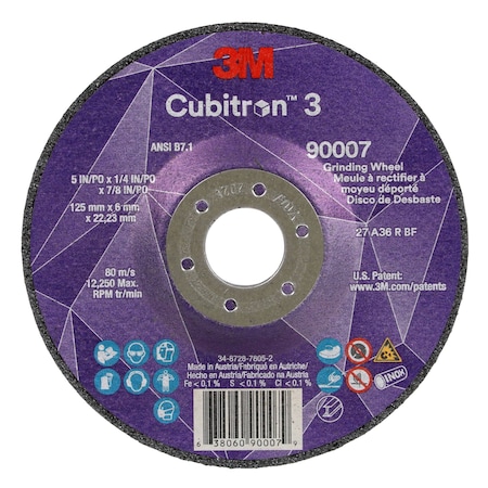 Depressed Center Grinding Wheel, Type 27, 5 in Dia, 0.25 in Thick, 7/8 in Arbor Hole Size, Ceramic MPN:90007