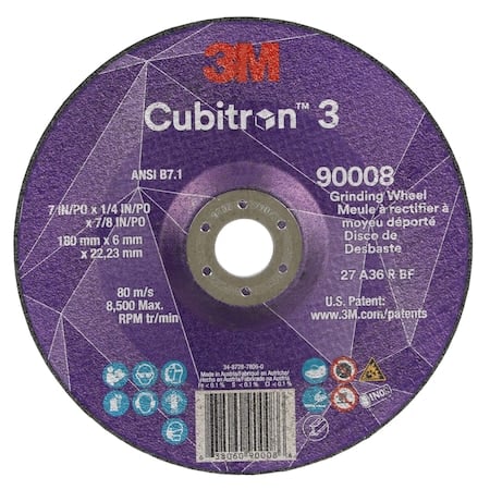 Depressed Center Grinding Wheel, Type 27, 7 in Dia, 0.25 in Thick, 7/8 in Arbor Hole Size, Ceramic MPN:90008