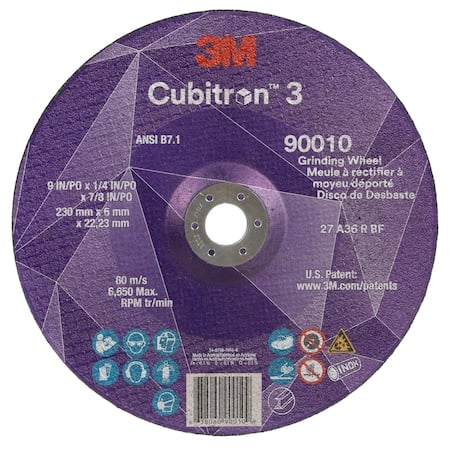 Depressed Center Grinding Wheel, Type 27, 9 in Dia, 0.25 in Thick, 7/8 in Arbor Hole Size, Ceramic MPN:90010